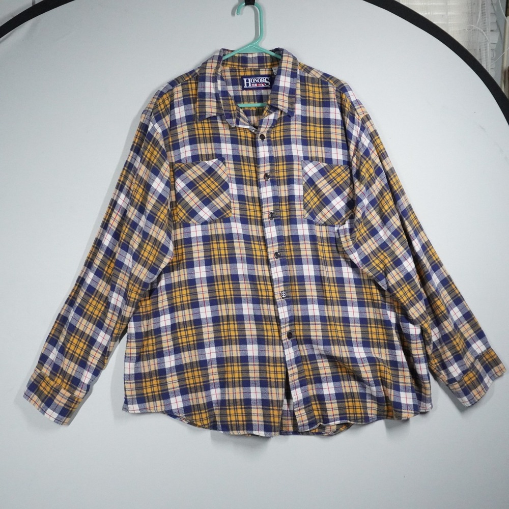 VTG Honors Mens Plaid Flannel Shirt 2XL Yellow Navy Blue Cotton Button Down Gorp